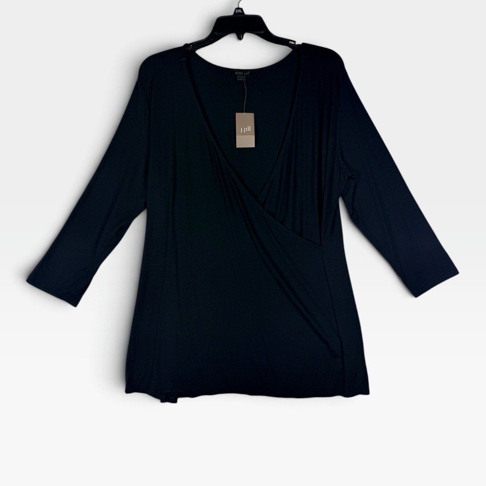 J. Jill Wearever Faux Wrap Top Womens M Black 3/4 Sleeve Surplice V-Neck NWT